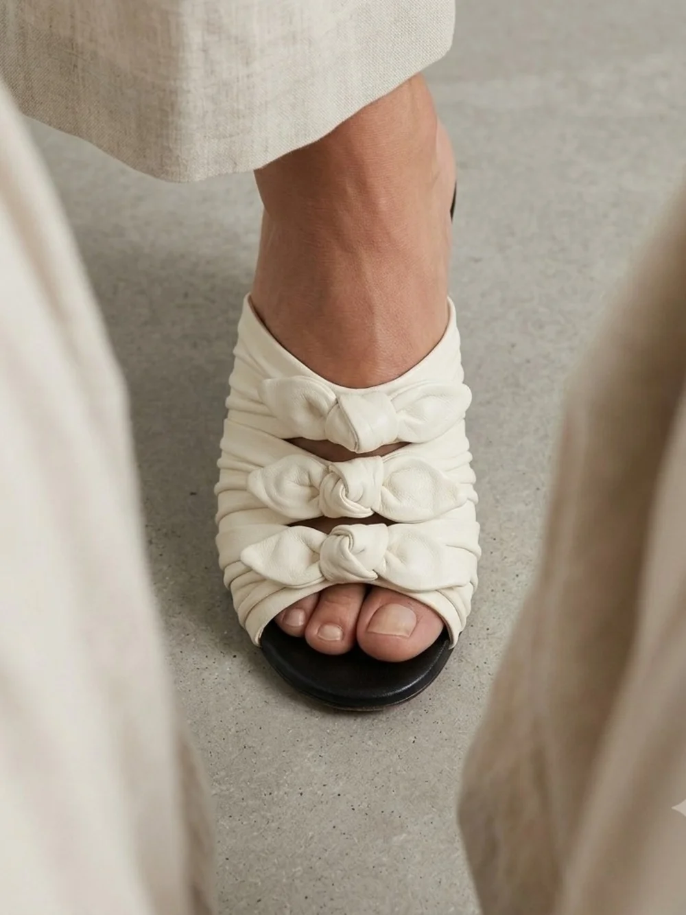 Chanel Cream Leather Knot Slide Sandals